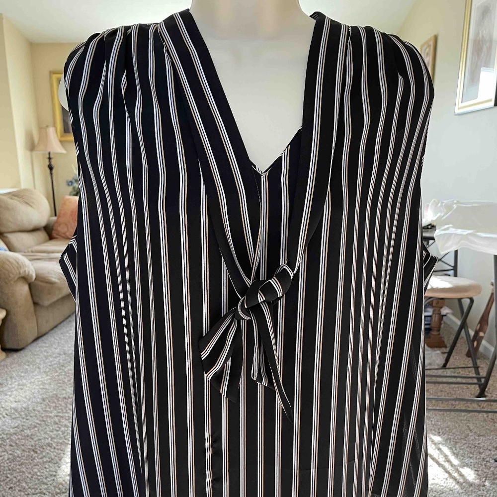WHBM Striped Top Blouse Sleeveless with Tassels Black with Gold & White Stripes